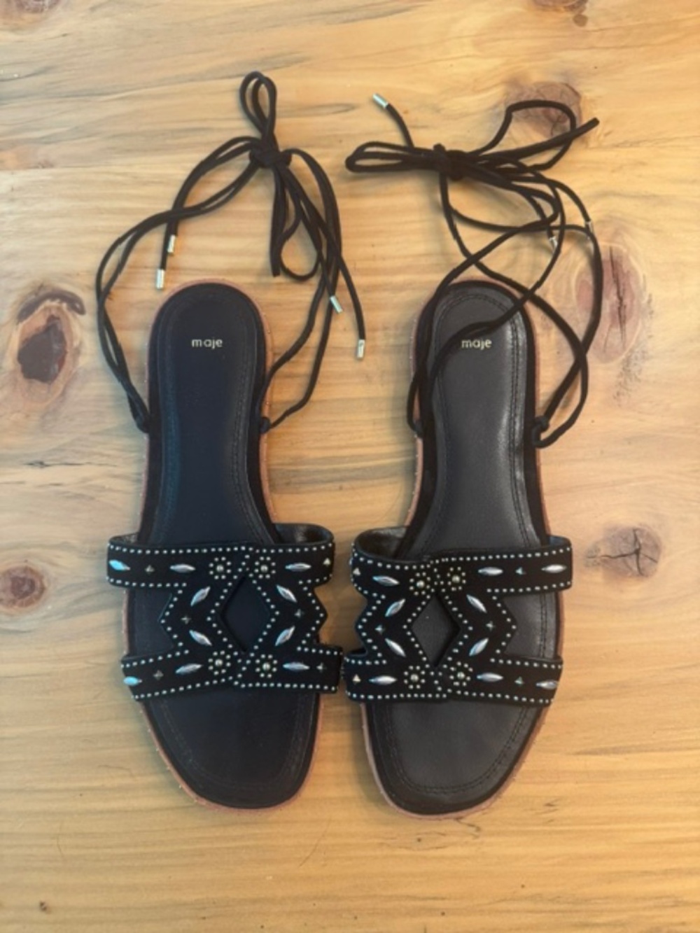 Maje Embellished Lace Up Flat Sandals Black Size 41